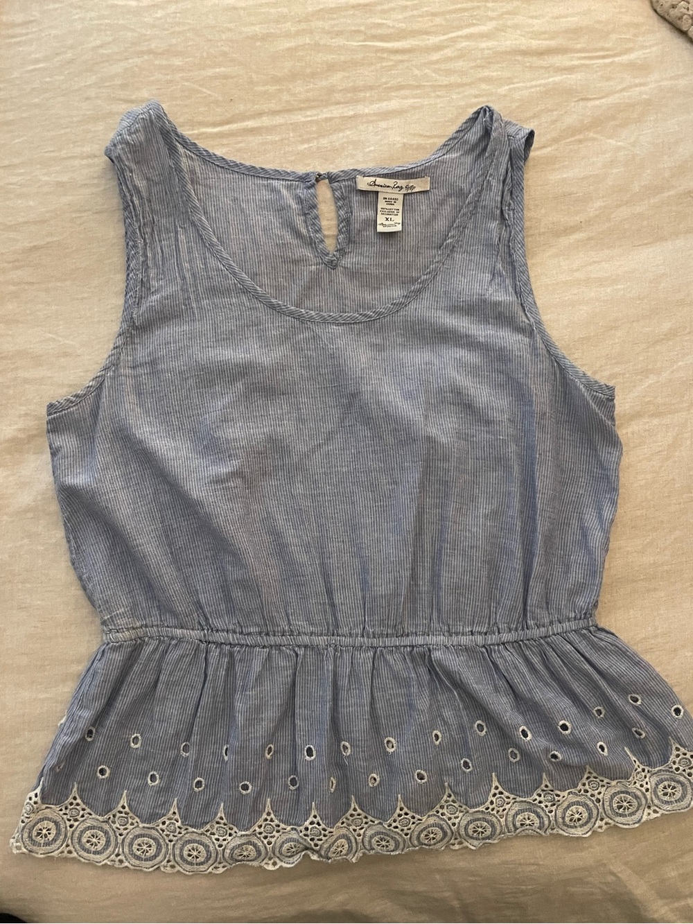 American Rag Blue Striped Eyelet Hem Peplum Tank